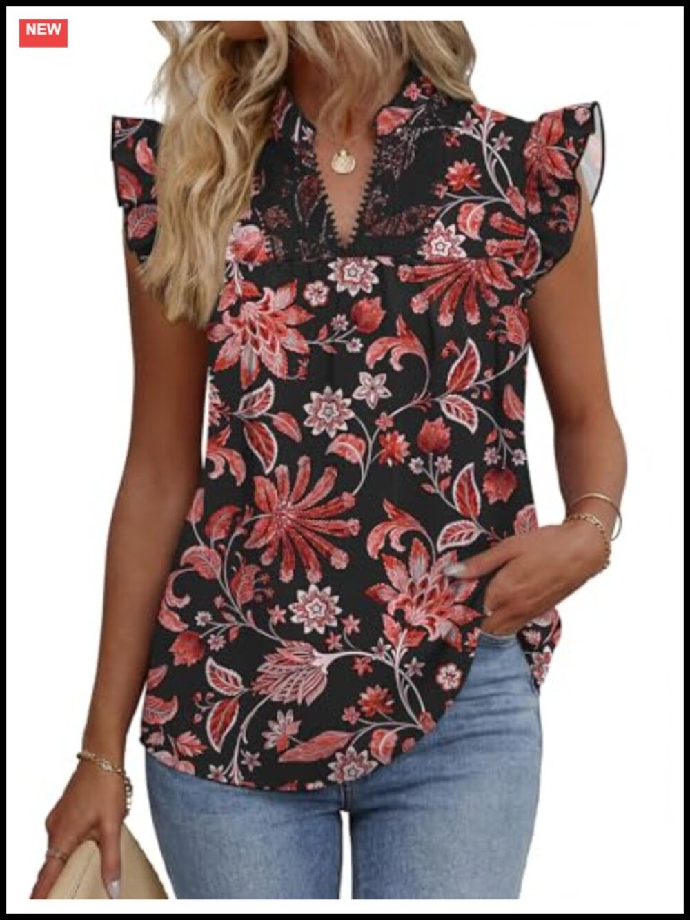 Women's Ruffle Sleeve Lace Embroidered V Neck Pleated Tank Top